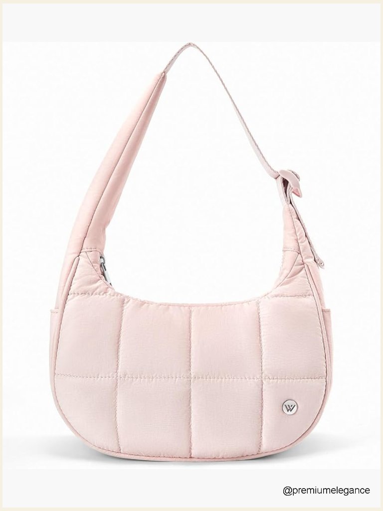 Quilted Nylon Puffer Crescent Shoulder Bag With Adjustable Strap
